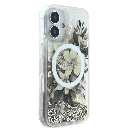 iPhone 16 Plus Kılıf Guess Orjinal Lisanslı M-safe Şarj Özellikli Sıvılı Simli Çiçek Desenli Kapak