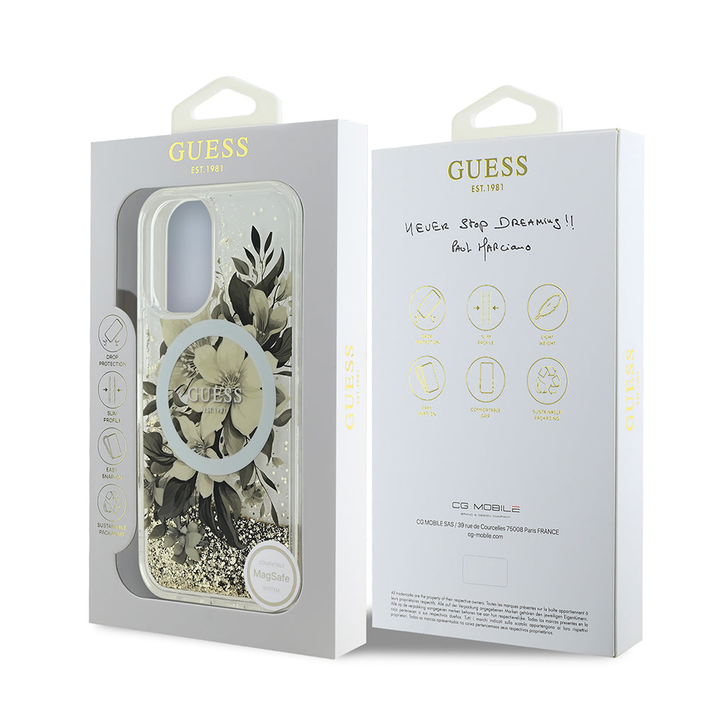 iPhone 16 Plus Kılıf Guess Orjinal Lisanslı M-safe Şarj Özellikli Sıvılı Simli Çiçek Desenli Kapak
