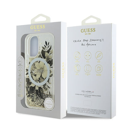 iPhone 16 Plus Kılıf Guess Orjinal Lisanslı M-safe Şarj Özellikli Sıvılı Simli Çiçek Desenli Kapak