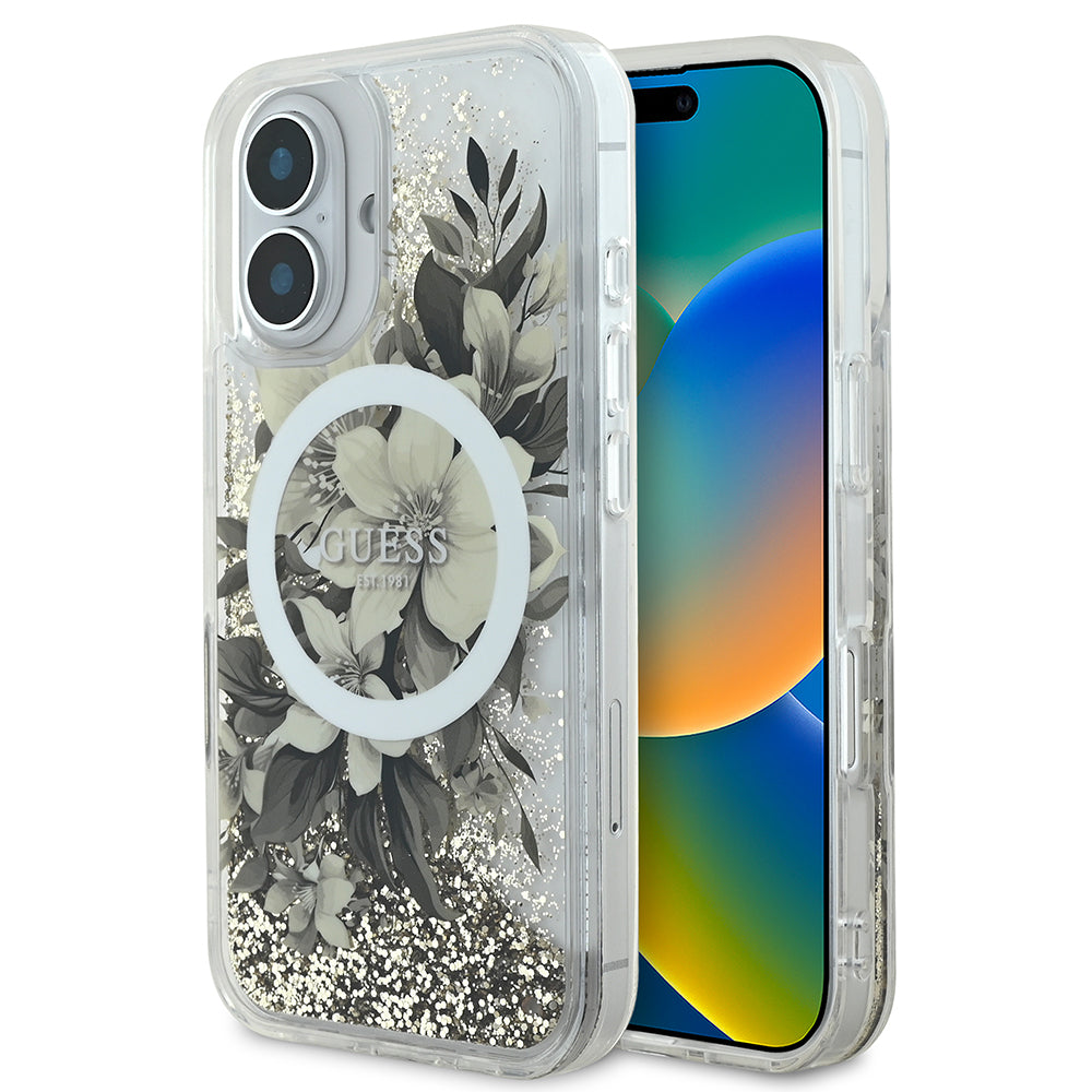 iPhone 16 Plus Kılıf Guess Orjinal Lisanslı M-safe Şarj Özellikli Sıvılı Simli Çiçek Desenli Kapak
