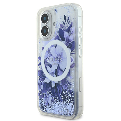 iPhone 16 Plus Kılıf Guess Orjinal Lisanslı M-safe Şarj Özellikli Sıvılı Simli Çiçek Desenli Kapak