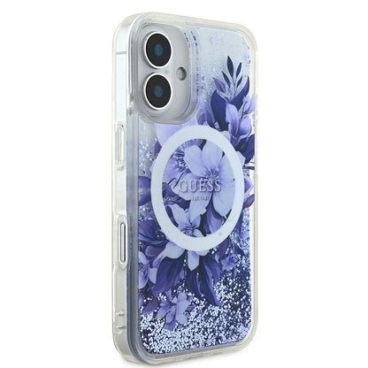 iPhone 16 Plus Kılıf Guess Orjinal Lisanslı M-safe Şarj Özellikli Sıvılı Simli Çiçek Desenli Kapak
