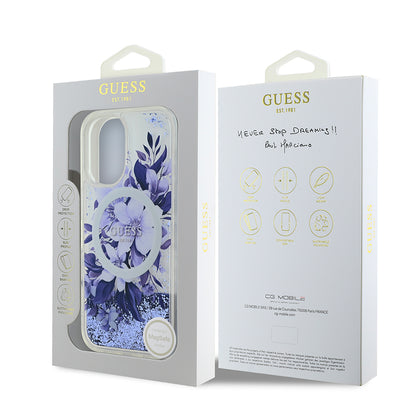 iPhone 16 Plus Kılıf Guess Orjinal Lisanslı M-safe Şarj Özellikli Sıvılı Simli Çiçek Desenli Kapak