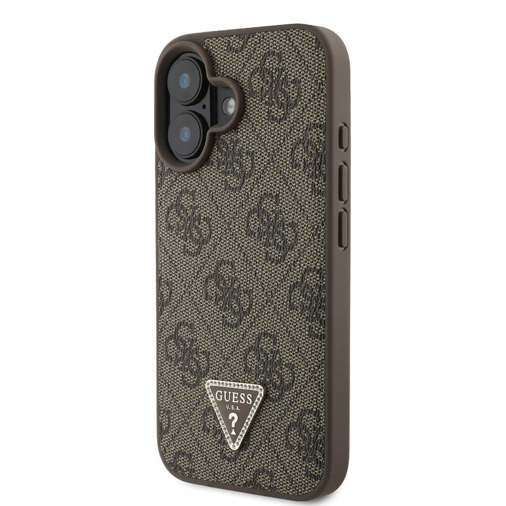iPhone 16 Plus Kılıf Guess Orjinal Lisanslı PU Deri Taşlı Metal Üçgen Logolu Çapraz Vücut Askılı 4G Desenli Kapak