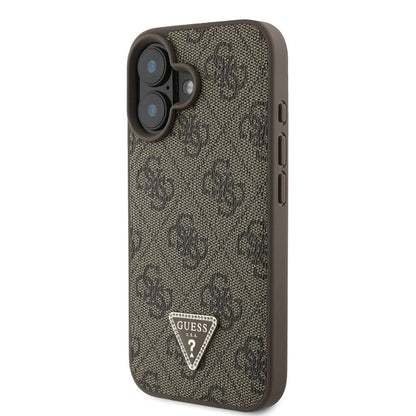 iPhone 16 Plus Kılıf Guess Orjinal Lisanslı PU Deri Taşlı Metal Üçgen Logolu Çapraz Vücut Askılı 4G Desenli Kapak