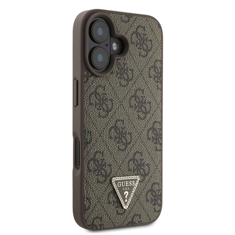 iPhone 16 Plus Kılıf Guess Orjinal Lisanslı PU Deri Taşlı Metal Üçgen Logolu Çapraz Vücut Askılı 4G Desenli Kapak