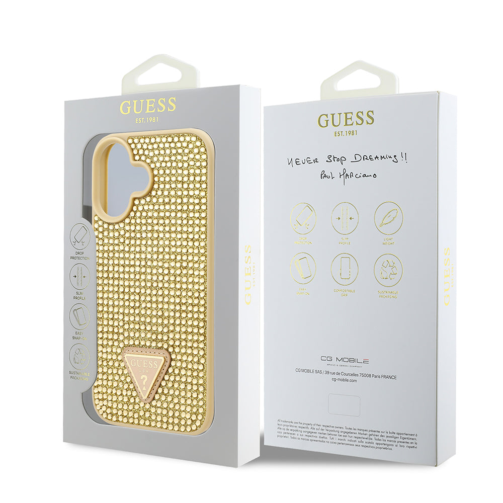 iPhone 16 Plus Kılıf Guess Orjinal Lisanslı Taşlı Arka Yüzey Üçgen Logolu Kapak