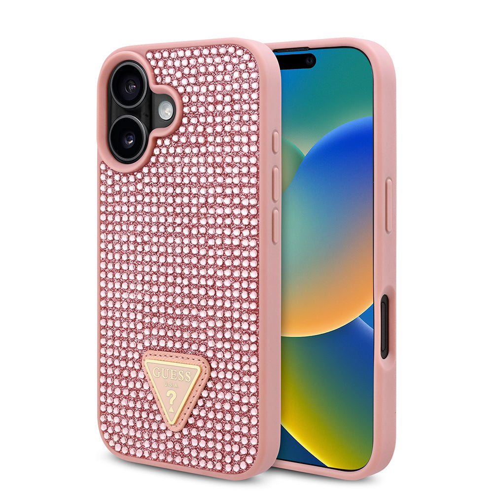 iPhone 16 Plus Kılıf Guess Orjinal Lisanslı Taşlı Arka Yüzey Üçgen Logolu Kapak
