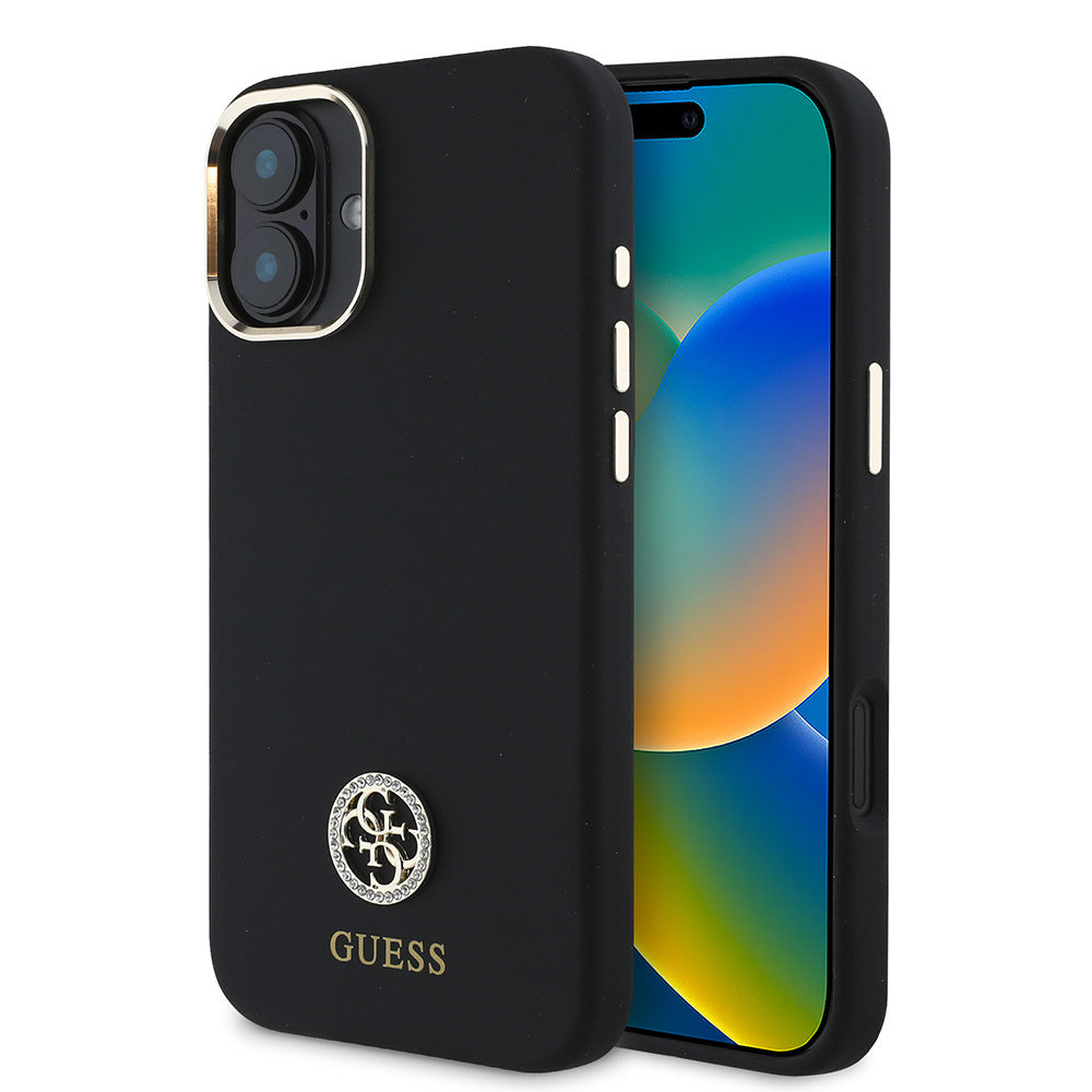 iPhone 16 Plus Kılıf Guess Orjinal Lisanslı Yazı ve Taşlı 4G Logolu Metal Kamera Çerçeveli Silikon Kapak