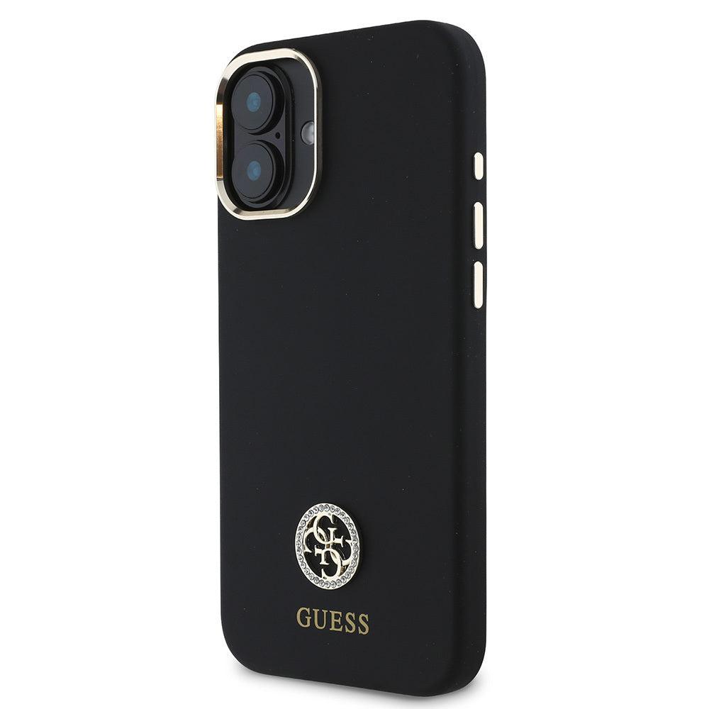 iPhone 16 Plus Kılıf Guess Orjinal Lisanslı Yazı ve Taşlı 4G Logolu Metal Kamera Çerçeveli Silikon Kapak