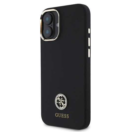 iPhone 16 Plus Kılıf Guess Orjinal Lisanslı Yazı ve Taşlı 4G Logolu Metal Kamera Çerçeveli Silikon Kapak