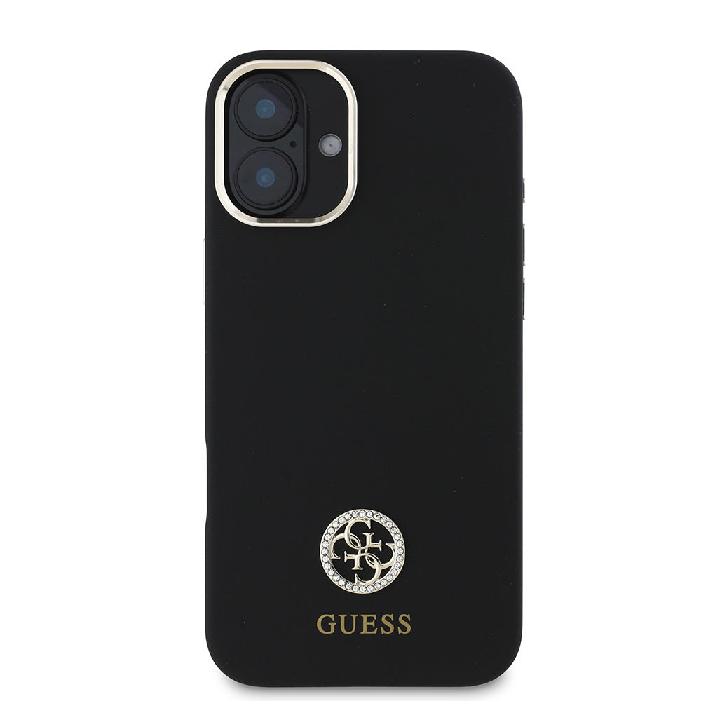 iPhone 16 Plus Kılıf Guess Orjinal Lisanslı Yazı ve Taşlı 4G Logolu Metal Kamera Çerçeveli Silikon Kapak