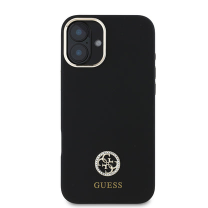 iPhone 16 Plus Kılıf Guess Orjinal Lisanslı Yazı ve Taşlı 4G Logolu Metal Kamera Çerçeveli Silikon Kapak