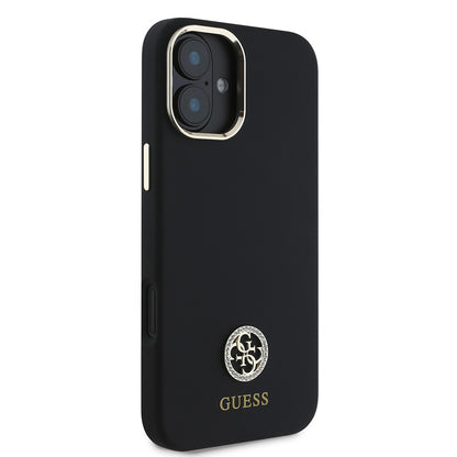 iPhone 16 Plus Kılıf Guess Orjinal Lisanslı Yazı ve Taşlı 4G Logolu Metal Kamera Çerçeveli Silikon Kapak