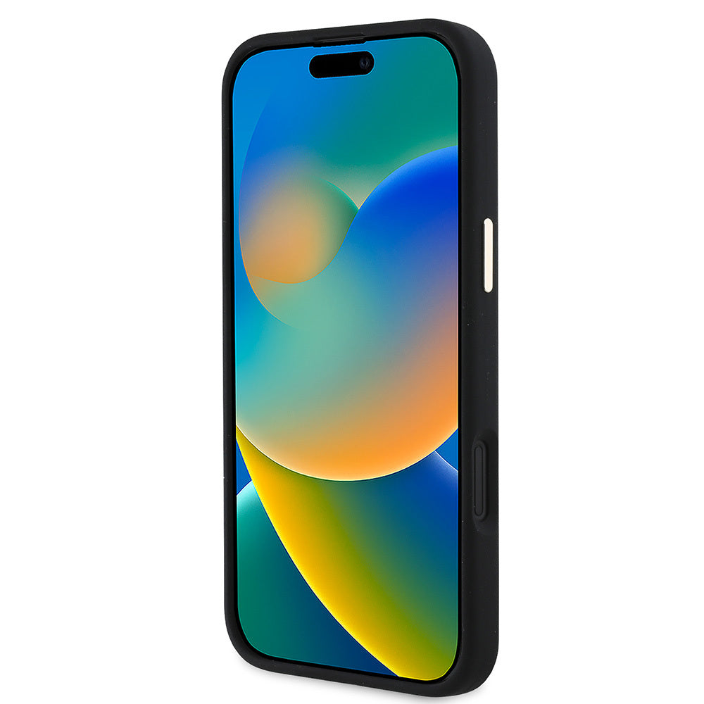 iPhone 16 Plus Kılıf Guess Orjinal Lisanslı Yazı ve Taşlı 4G Logolu Metal Kamera Çerçeveli Silikon Kapak