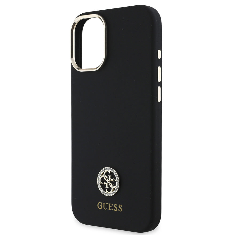 iPhone 16 Plus Kılıf Guess Orjinal Lisanslı Yazı ve Taşlı 4G Logolu Metal Kamera Çerçeveli Silikon Kapak