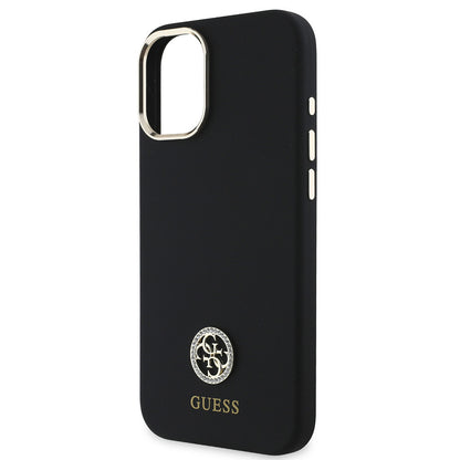 iPhone 16 Plus Kılıf Guess Orjinal Lisanslı Yazı ve Taşlı 4G Logolu Metal Kamera Çerçeveli Silikon Kapak