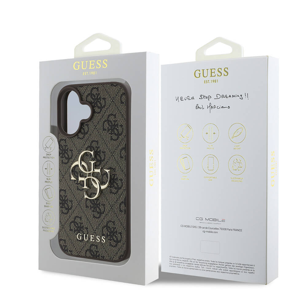 iPhone 16 Plus Kılıf Guess Orjinal Lisanslı PU Deri 4G Desenli Metal Büyük 4G ve Yazı Logolu Kapak