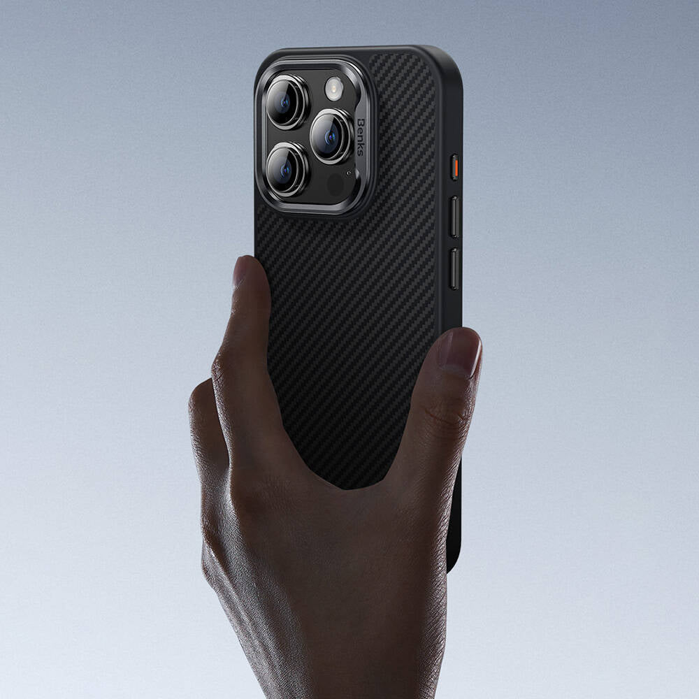 iPhone 16 Plus Kılıf Karbon Fiber M-safe Şarj Özellikli Benks Hybrid ArmorPro 600D Kevlar Kapak