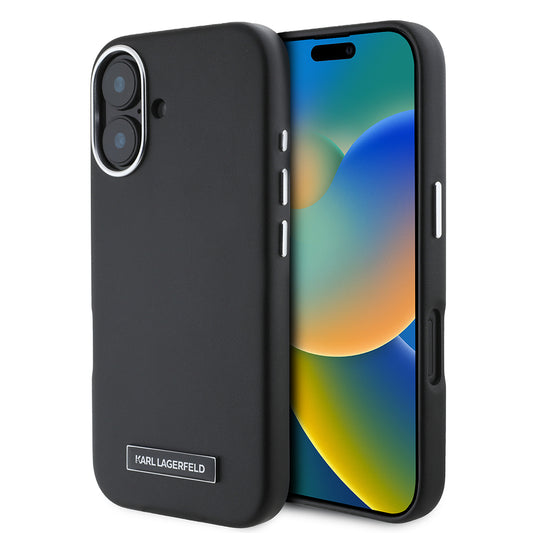 iPhone 16 Plus Kılıf Karl Lagerfeld Orjinal Lisanslı M-safe Şarj Özellikli Metal Kamera ve Buton Tasarımlı Plaka Logolu PU Deri Kapak
