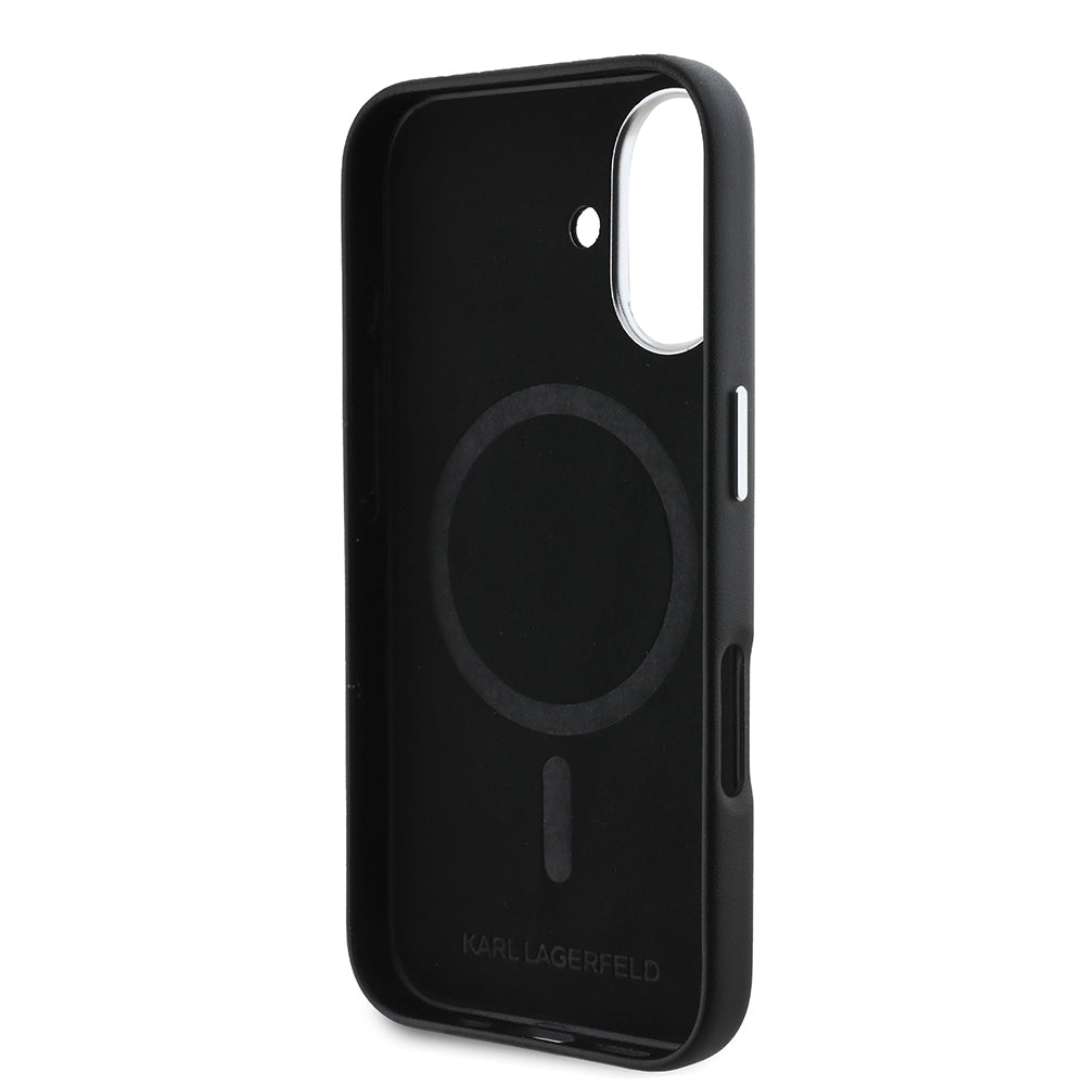 iPhone 16 Plus Kılıf Karl Lagerfeld Orjinal Lisanslı M-safe Şarj Özellikli Metal Kamera ve Buton Tasarımlı Plaka Logolu PU Deri Kapak