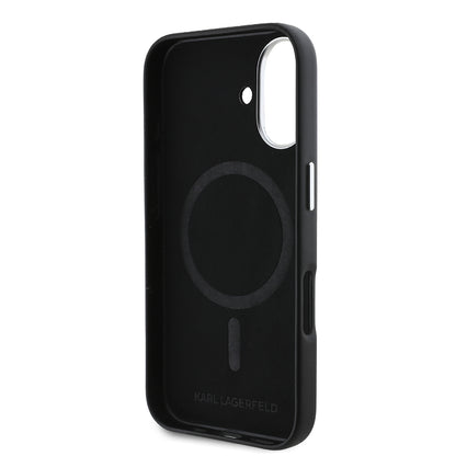 iPhone 16 Plus Kılıf Karl Lagerfeld Orjinal Lisanslı M-safe Şarj Özellikli Metal Kamera ve Buton Tasarımlı Plaka Logolu PU Deri Kapak