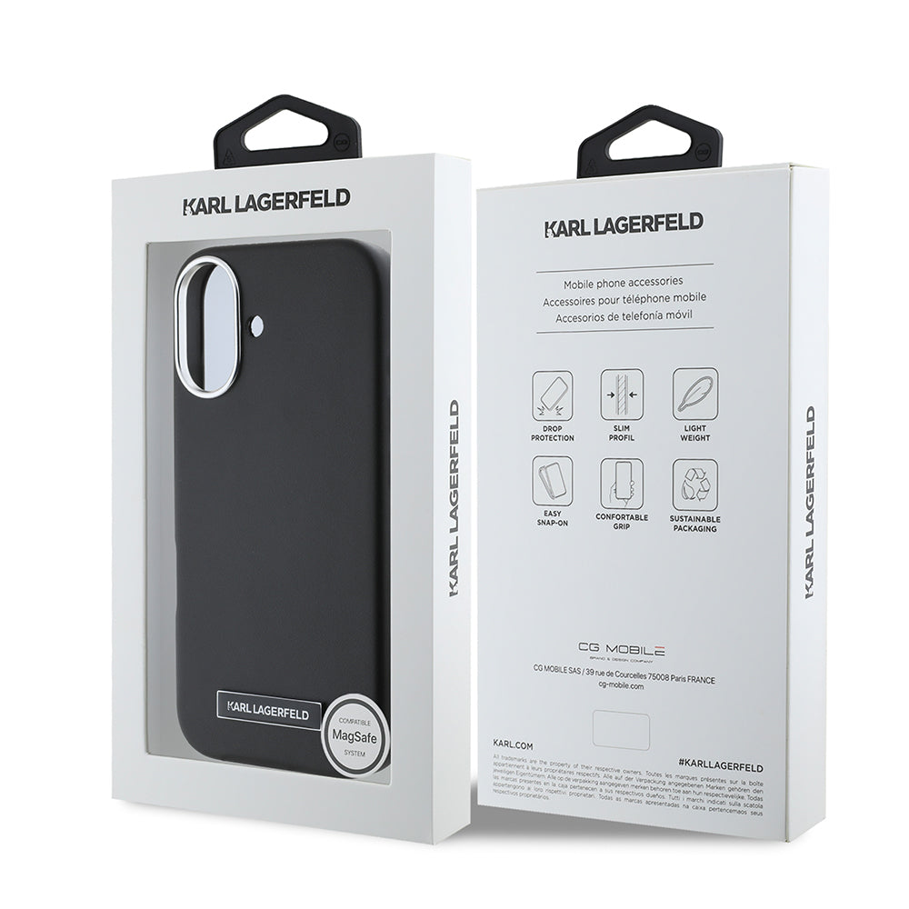iPhone 16 Plus Kılıf Karl Lagerfeld Orjinal Lisanslı M-safe Şarj Özellikli Metal Kamera ve Buton Tasarımlı Plaka Logolu PU Deri Kapak