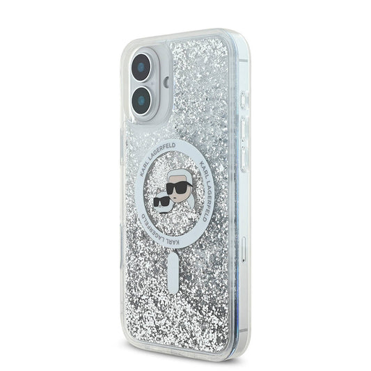 iPhone 16 Plus Kılıf Karl Lagerfeld Orjinal Lisanslı M-safe Şarj Özellikli Sıvılı Simli K&C Heads Kapak