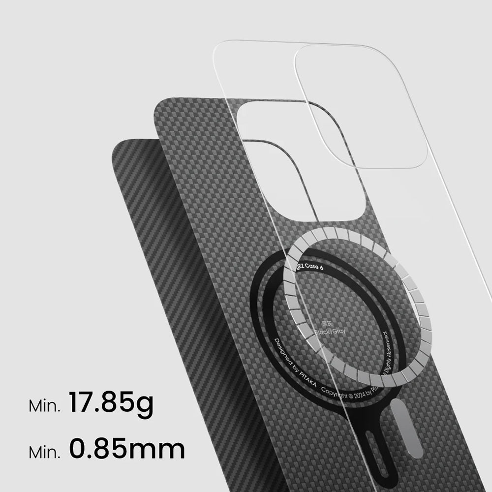 iPhone 16 Plus Kılıf M-safe Şarj Özellikli 600D Aramid Fiber Pitaka Ultra-Slim Classic Serisi Black-Grey Twill Kapak