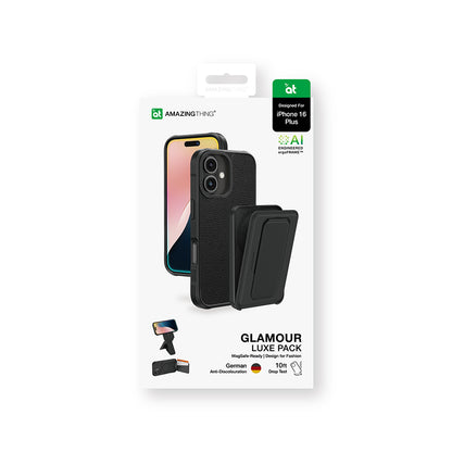 iPhone 16 Plus Kılıf M-safe Şarj Özellikli Standlı Kartlıklı Set Amazinghing Glamour Luxe Serisi Kapak