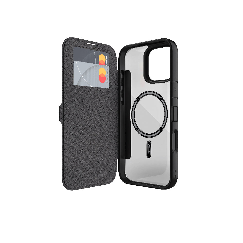 iPhone 16 Plus Kılıf M-safe Şarj Özellikli Vegan Deri Tasarımlı Şeffaf Arka Yüzey Kartlıklı Raptic Urban Folio Serisi Kapak