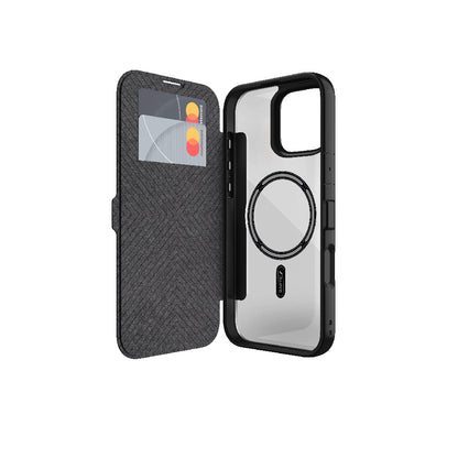 iPhone 16 Plus Kılıf M-safe Şarj Özellikli Vegan Deri Tasarımlı Şeffaf Arka Yüzey Kartlıklı Raptic Urban Folio Serisi Kapak