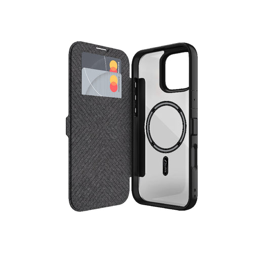 iPhone 16 Plus Kılıf M-safe Şarj Özellikli Vegan Deri Tasarımlı Şeffaf Arka Yüzey Kartlıklı Raptic Urban Folio Serisi Kapak