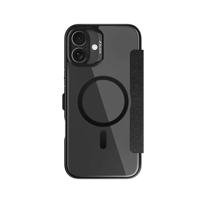 iPhone 16 Plus Kılıf M-safe Şarj Özellikli Vegan Deri Tasarımlı Şeffaf Arka Yüzey Kartlıklı Raptic Urban Folio Serisi Kapak