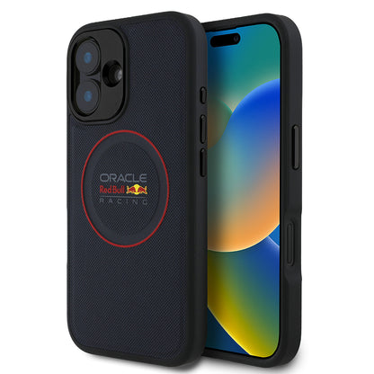iPhone 16 Plus Kılıf Redbull Orjinal Lisanslı M-safe Şarj Özellikli Kırmızı Halka ve Logo Kabartmalı PU Deri Kapak