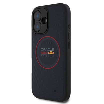 iPhone 16 Plus Kılıf Redbull Orjinal Lisanslı M-safe Şarj Özellikli Kırmızı Halka ve Logo Kabartmalı PU Deri Kapak