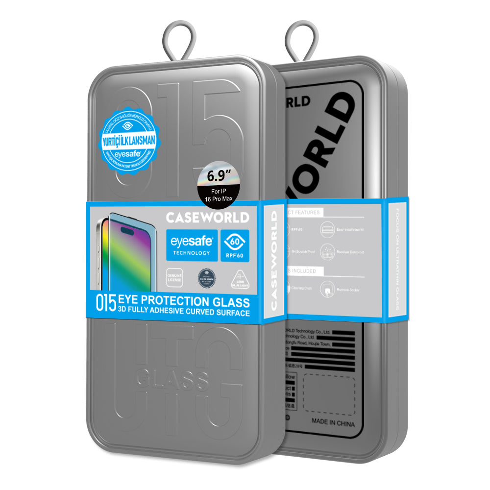 iPhone 16 Pro CaseWorld 3D Eyesafe Mavi Işık Teknolojili 0.15mm Temperli Cam Ekran Koruyucu + Uygulama Aparatı