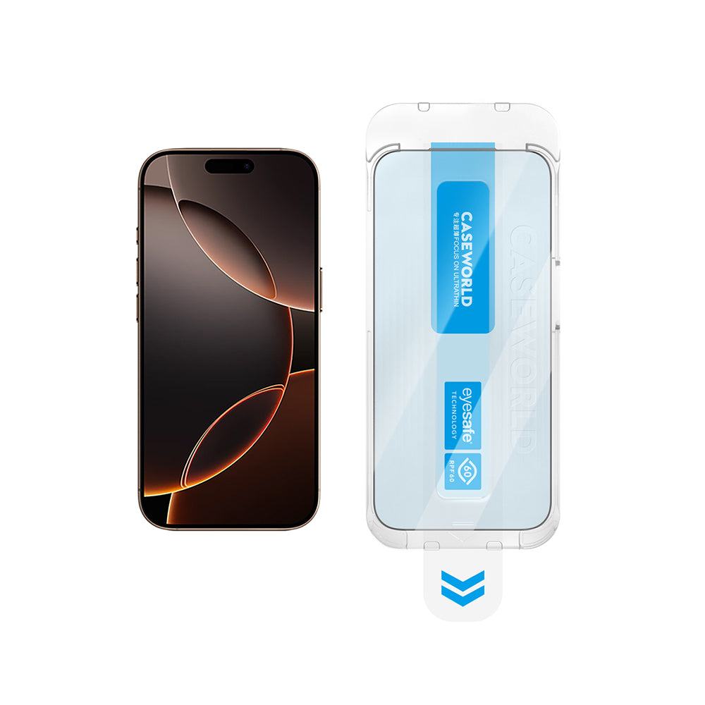 iPhone 16 Pro CaseWorld Applicator Serisi 2.5D Eyesafe Mavi Işık Teknolojili 0.33mm Temperli Cam Ekran Koruyucu + Uygulama Aparatı