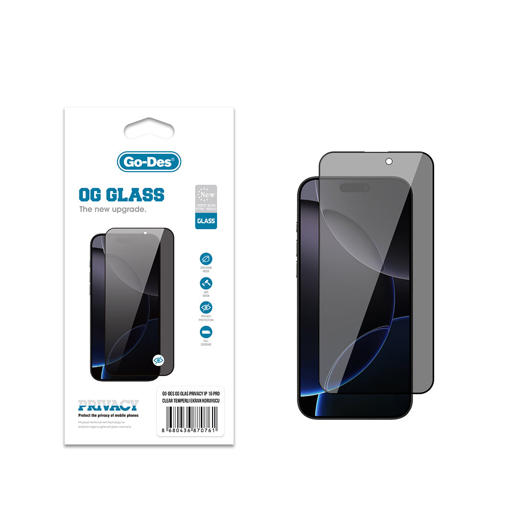 iPhone 16 Pro Go Des OG Glass Privacy Antistatik Temperli Cam Ekran Koruyucu