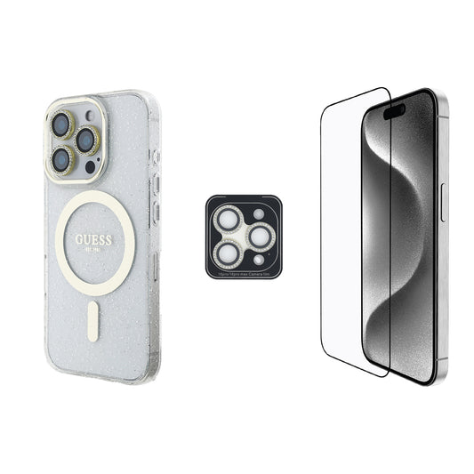 Apple iPhone 16 Pro Guess Orjinal Lisanslı 3'lü Aksesuar Seti IML Baskılı Simli Glitter Kılıf + Ekran Koruyucu + Lens Koruyucu