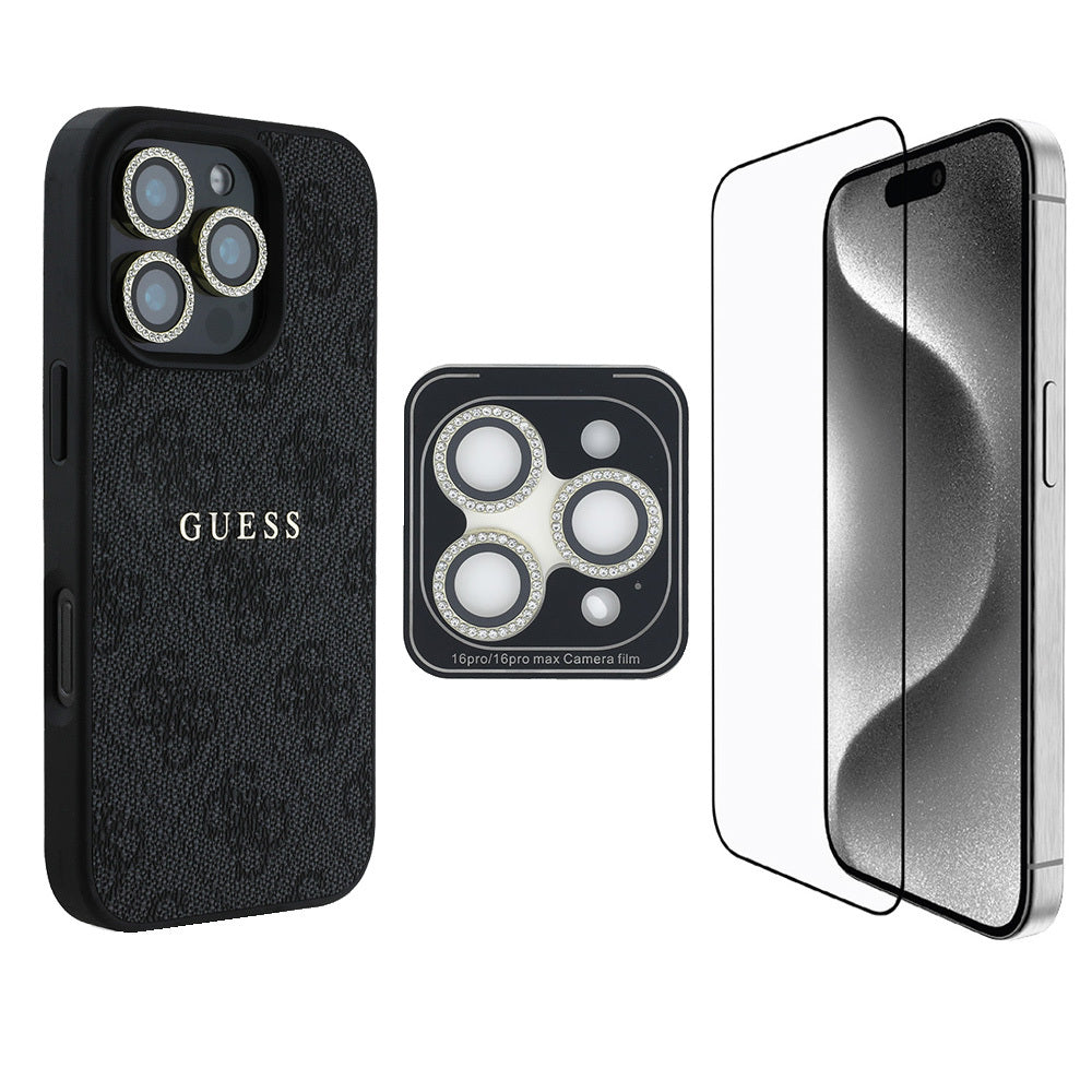 iPhone 16 Pro Guess Orjinal Lisanslı Kılıf + Ekran Koruyucu + Lens Koruyucu 3in1 Aksesuar Seti