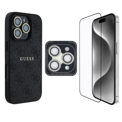 iPhone 16 Pro Guess Orjinal Lisanslı Kılıf + Ekran Koruyucu + Lens Koruyucu 3in1 Aksesuar Seti