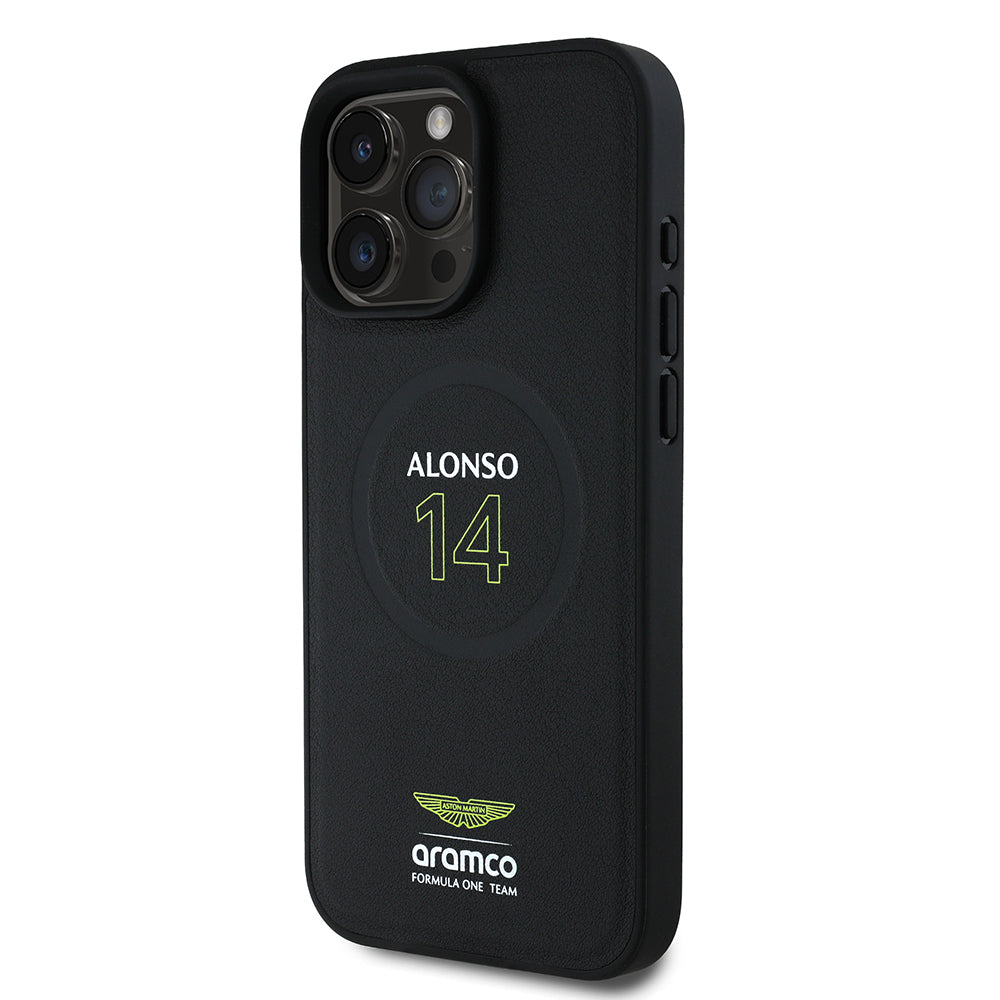 iPhone 16 Pro Kılıf Aston Martin Orjinal Lisanslı M-safe Şarj Özellikli PU Deri Alonso 14 Baskılı Kapak