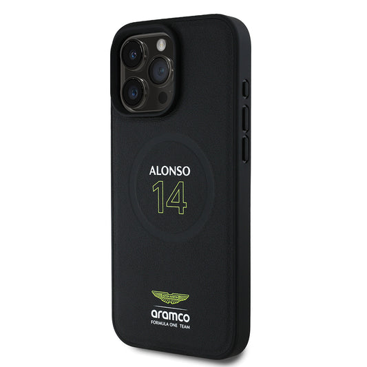 iPhone 16 Pro Kılıf Aston Martin Orjinal Lisanslı M-safe Şarj Özellikli PU Deri Alonso 14 Baskılı Kapak