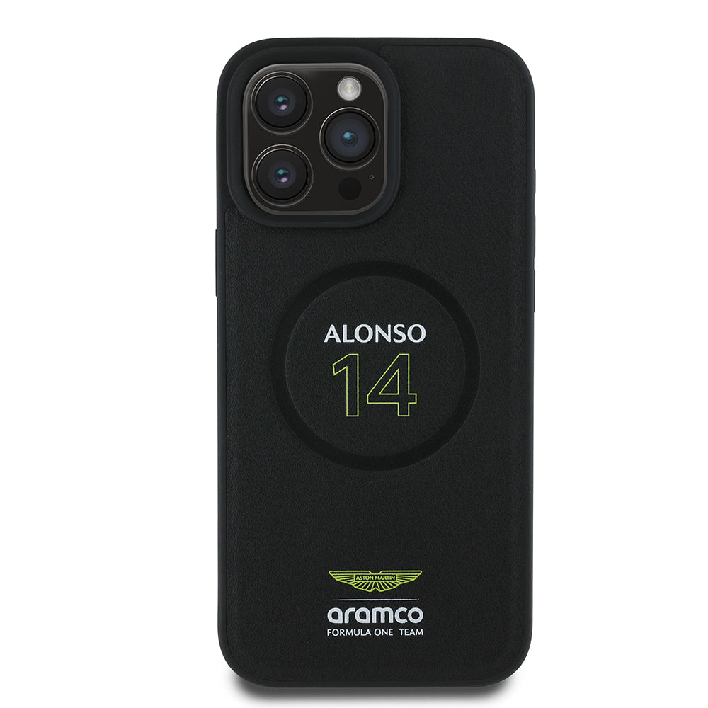 iPhone 16 Pro Kılıf Aston Martin Orjinal Lisanslı M-safe Şarj Özellikli PU Deri Alonso 14 Baskılı Kapak