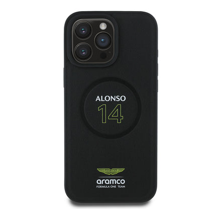 iPhone 16 Pro Kılıf Aston Martin Orjinal Lisanslı M-safe Şarj Özellikli PU Deri Alonso 14 Baskılı Kapak