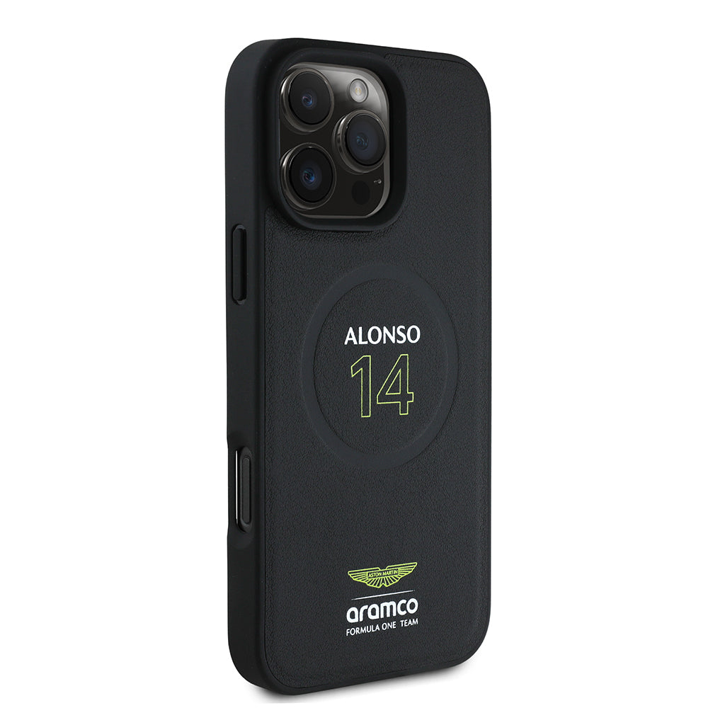 iPhone 16 Pro Kılıf Aston Martin Orjinal Lisanslı M-safe Şarj Özellikli PU Deri Alonso 14 Baskılı Kapak
