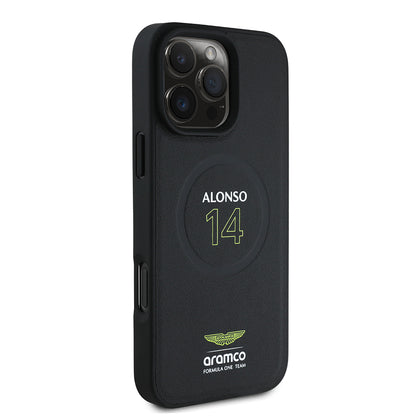 iPhone 16 Pro Kılıf Aston Martin Orjinal Lisanslı M-safe Şarj Özellikli PU Deri Alonso 14 Baskılı Kapak