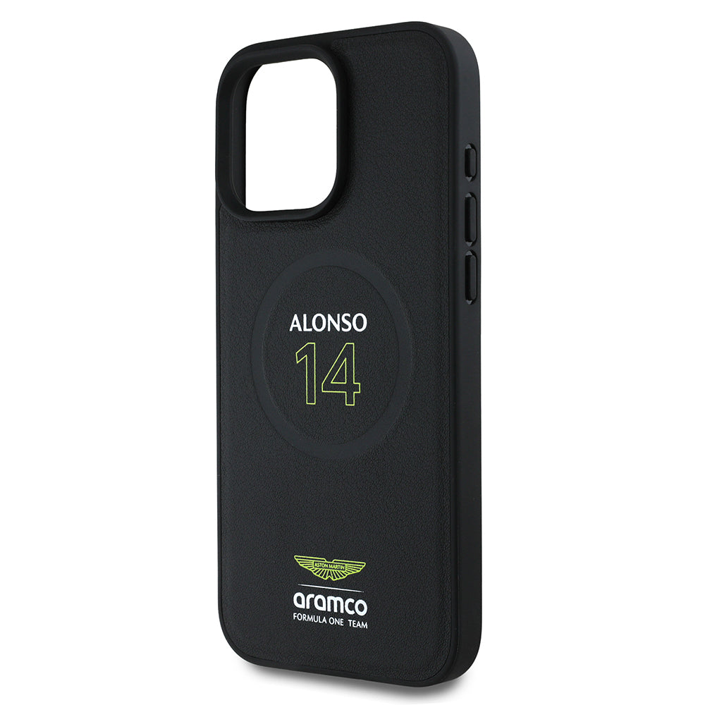 iPhone 16 Pro Kılıf Aston Martin Orjinal Lisanslı M-safe Şarj Özellikli PU Deri Alonso 14 Baskılı Kapak