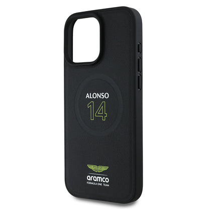 iPhone 16 Pro Kılıf Aston Martin Orjinal Lisanslı M-safe Şarj Özellikli PU Deri Alonso 14 Baskılı Kapak